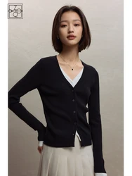 ZIQIAO French Style Simple Fake Two-piece V-neck Sweater for Women 2023 Autumn Winter New Slim Fit Contrast Cardigan Top Female