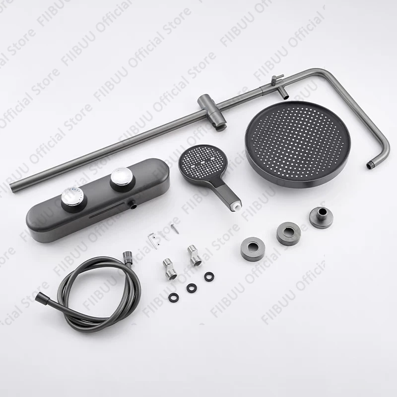 현대적인 세련된 샤워 시스템 온도 조절 가능한 다기능 샤워 헤드 콤보 가압 홈 욕실 라운드 샤워 헤드