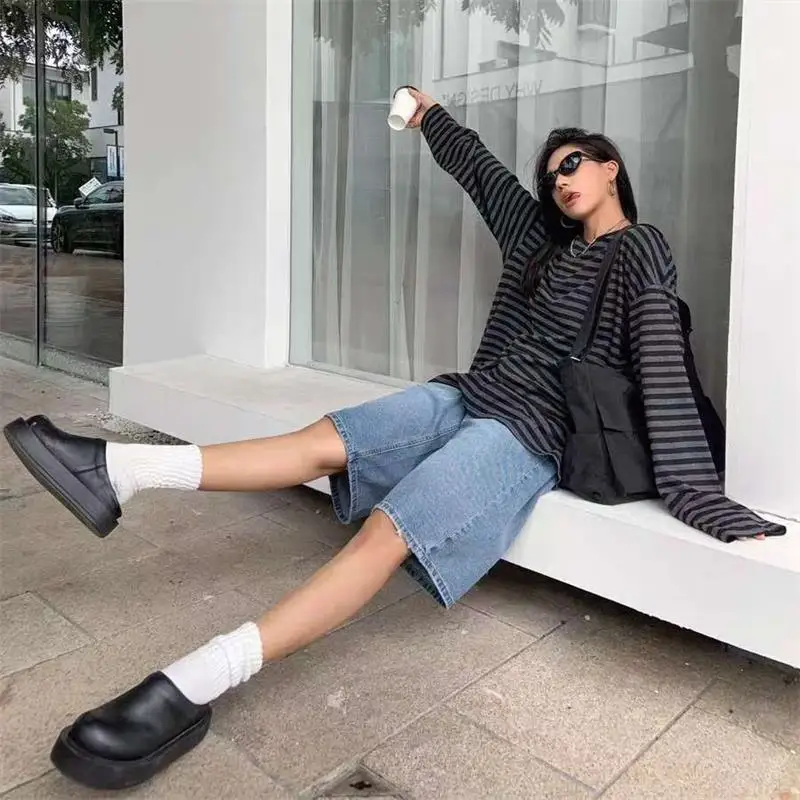 Herbst Frauen Harajuku Gestreiften T-shirt Lange Hülse O-ansatz Casual Oversize Top Femme Streetwear Schwarz Grau Lose Straße Tops Y2K – Detail 22