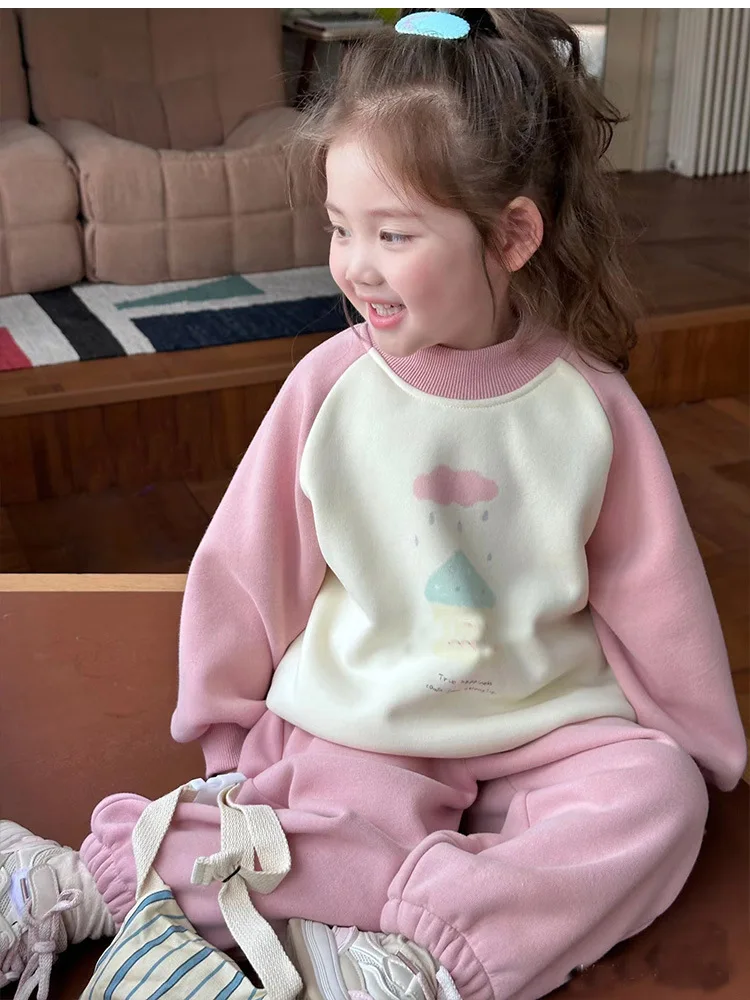 

Girls' fleece-lined sweater2024Autumn and Winter New Children Cartoon Multicolor Printing Thickened Sweatpants Sports Suit