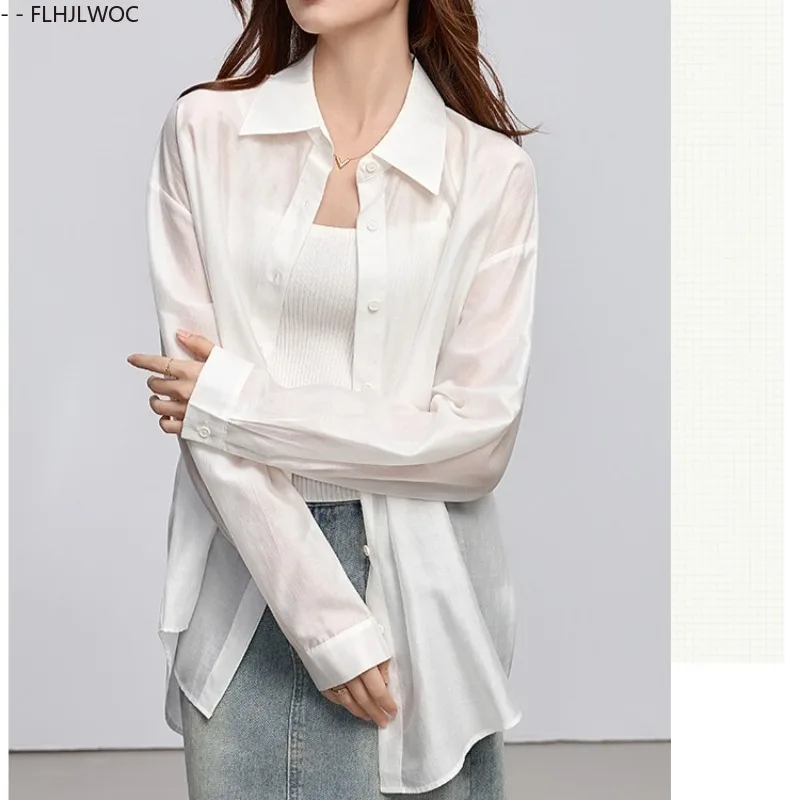 日焼け防止韓国シックなトップス Blusas ホリデーシアーメッシュ薄いセクシーな透明白ロングボーイフレンドシャツ蝶ネクタイ女性ブラウス