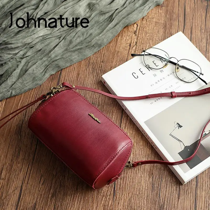 Johnature Simple Genuine Leather Women Small Bag Natural Cowhide Clutch Bag Versatile Solid Color Shoulder & Crossbody Bags