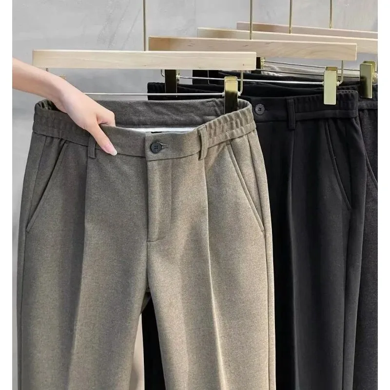 

Мужские шерстяные прямые брюки, осенне-зимние повседневные утолщенные джинсы с эластичной резинкой на талии, женские джинсы премиум-класса из искусственной ткани