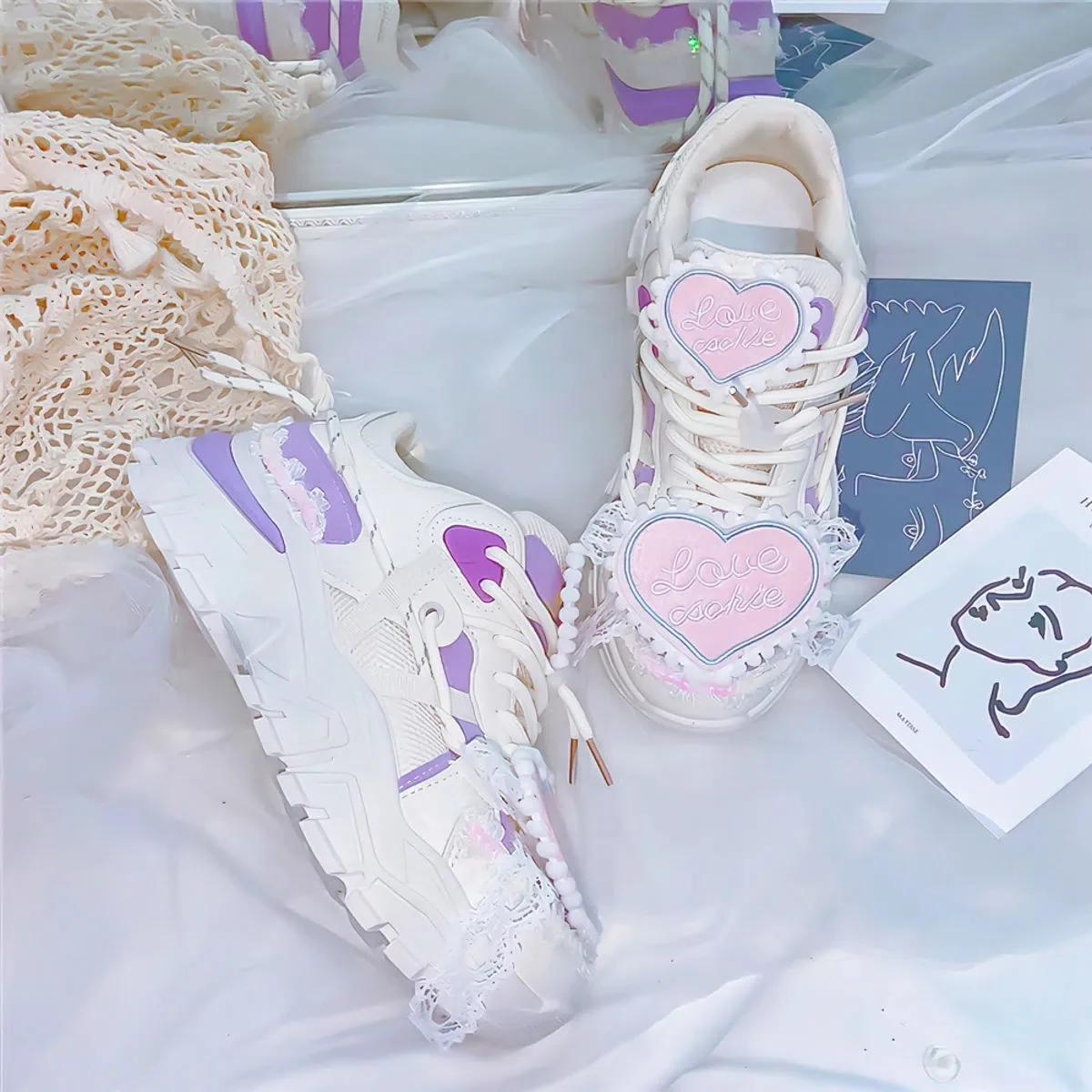 Japanese College Sports Style Shoes Cosplay Victoria Cute Girl Round Head Thick Bottom Mesh Lace Letters Love Thick Bottom Shoes