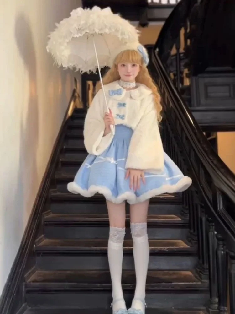 

Новогодний комплект в стиле Sweet Lolita: зимний наряд принцессы с пышной юбкой, комплект из двух предметов, с завышенной талией, укороченный, с длинными рукавами