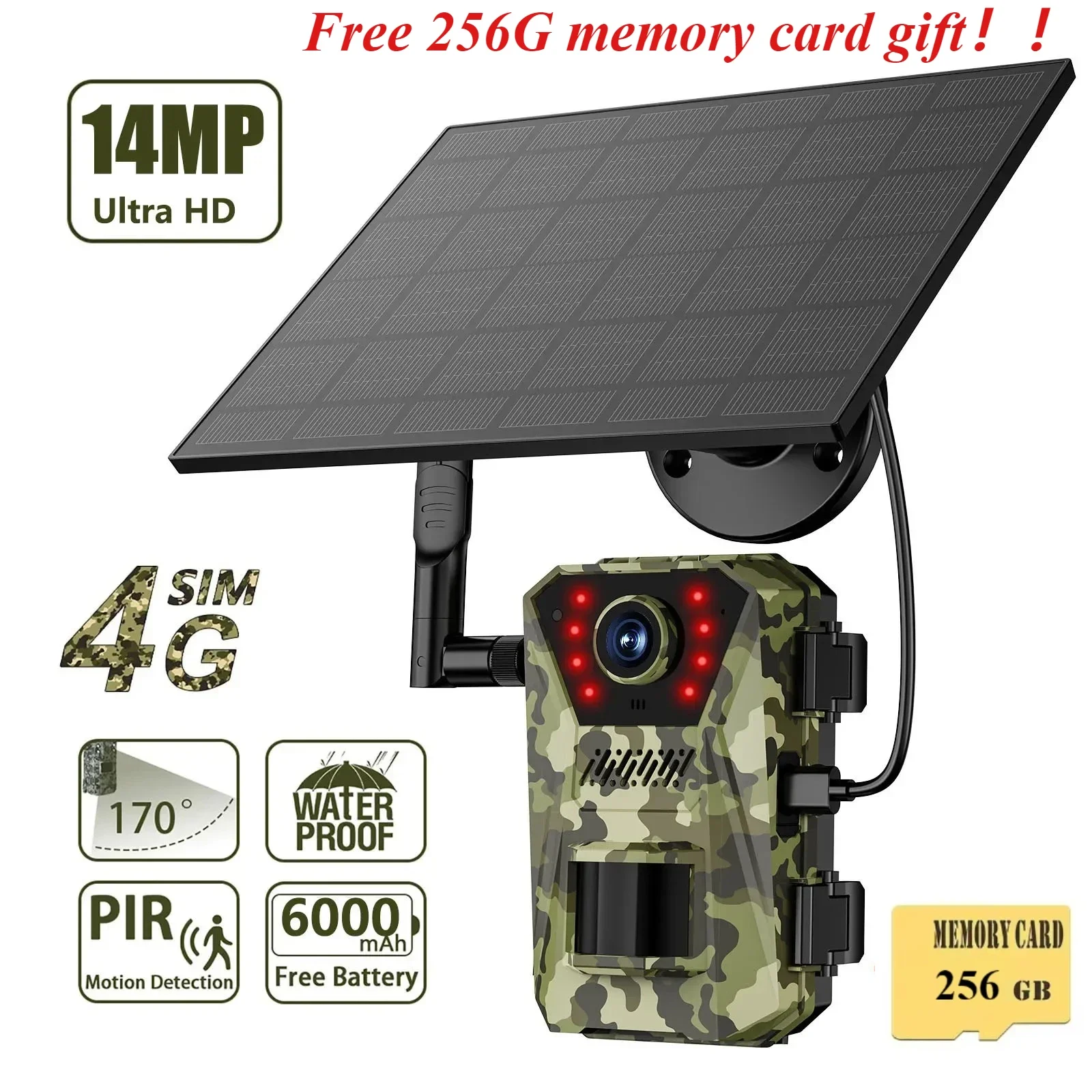 14MP 4G Solar Hunting Trail Camera Impermeabile 20M PIR MotionDetection Outdoor Wildlife Tracking Cam 940nmh Visione notturna a infrarossi