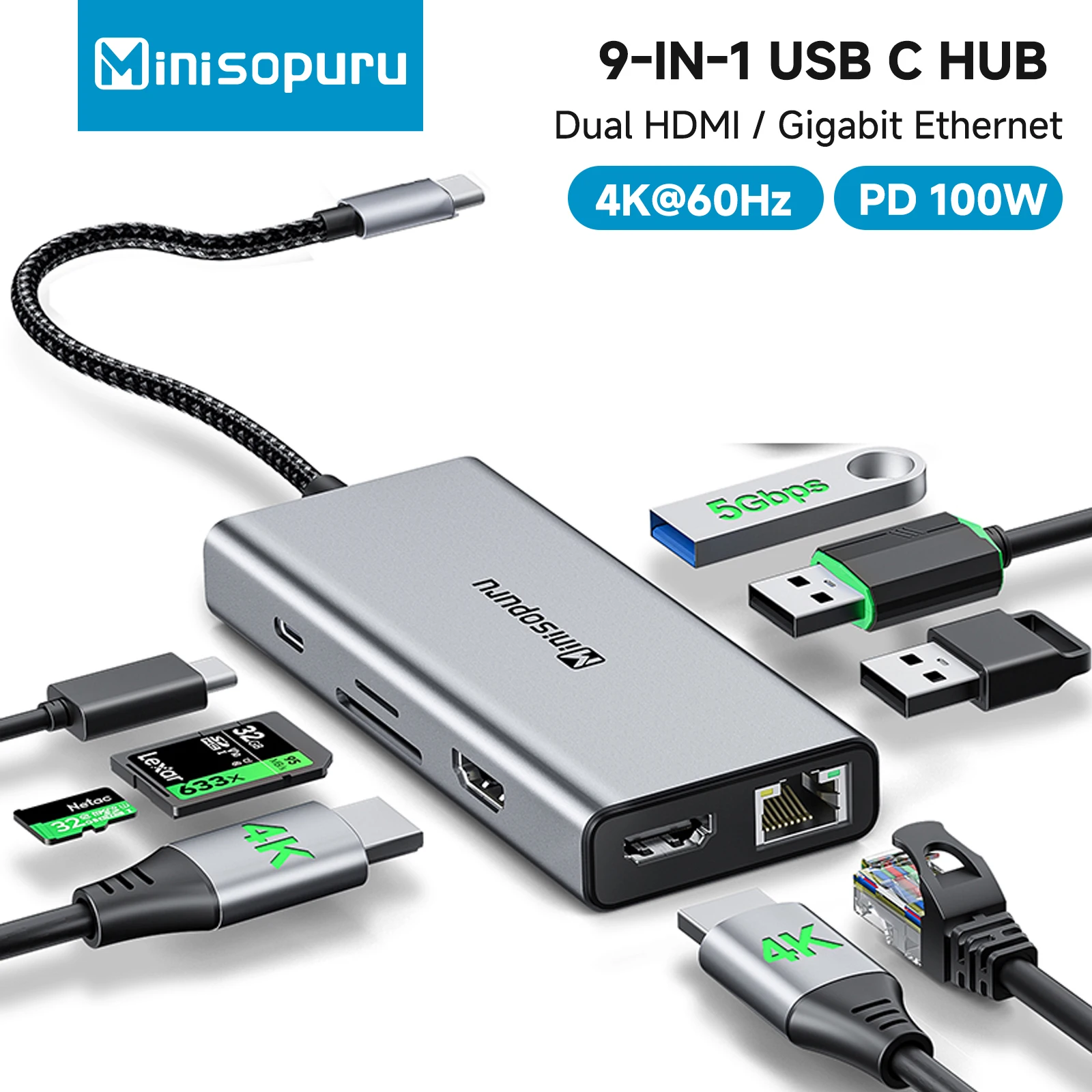 

Minisopuru USB C HUB with Dual 4K@60Hz RJ45 PD 100W SD/TF Multiport USB C Docking Station 9 in 1 Adapter for MacBook Pro