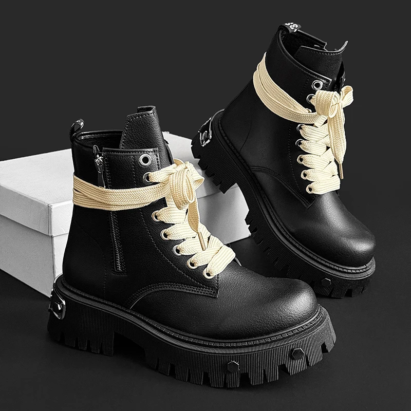 

Men's High Top Shoes Platform Woman Sneakers Leather Lace Up Gothic Heels Luxury Vintage Trendy Designer Black Male Boot