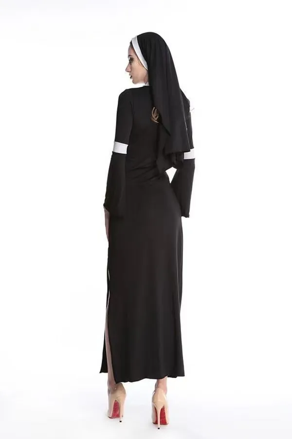 Halloween Costumes Cosplay Nun Outfit Fantasy Sexy Black Slim Dress Nun Costume