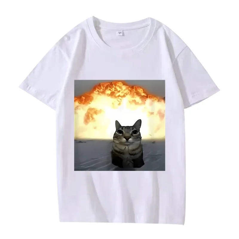

2026 meme graphic paying tribute to the imaginative cat explosion pattern humorous short-sleeved printed women's shirt, emoticon