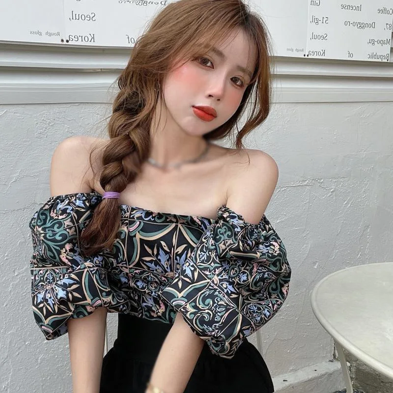 Summer Women\'s Retro Floral Print Square Collar Exposed Navel Off Shoulder Chiffon Puff Short Sleeve Shirt Blouse