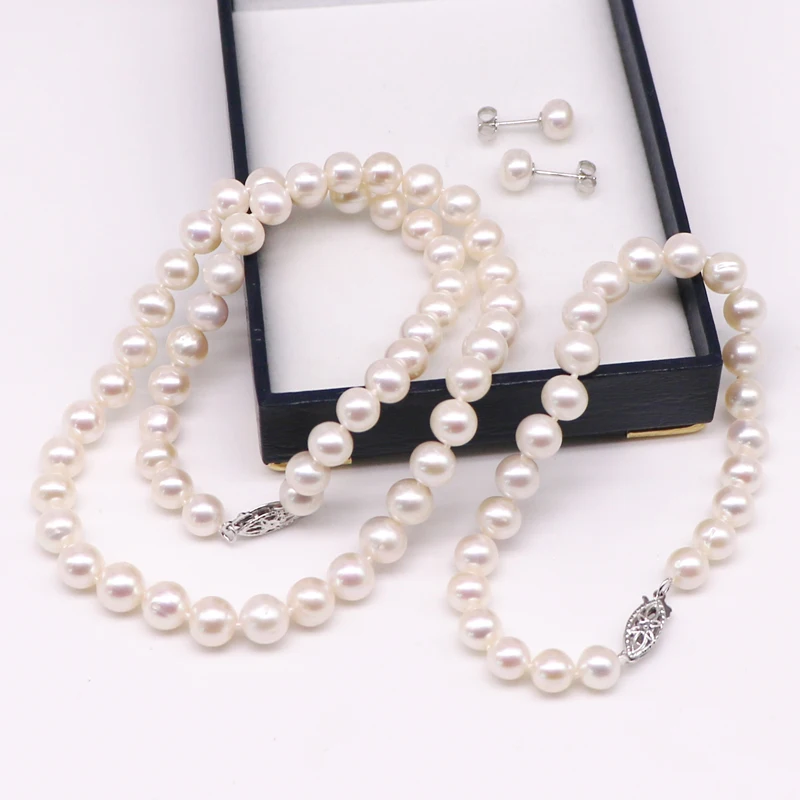 HOOZZ.P 6-7mm AA Quality Genuine Pearl Necklace Set Bracelet Earring Freshwater Cultured White Pearly For Women Man Jewelry Gift