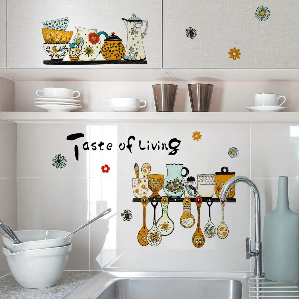 Retro Pattern PVC Tableware Wall Stickers Non-toxi Waterproof Stove Anti-oil Sticker Cartoon Self-adhesive Living Room