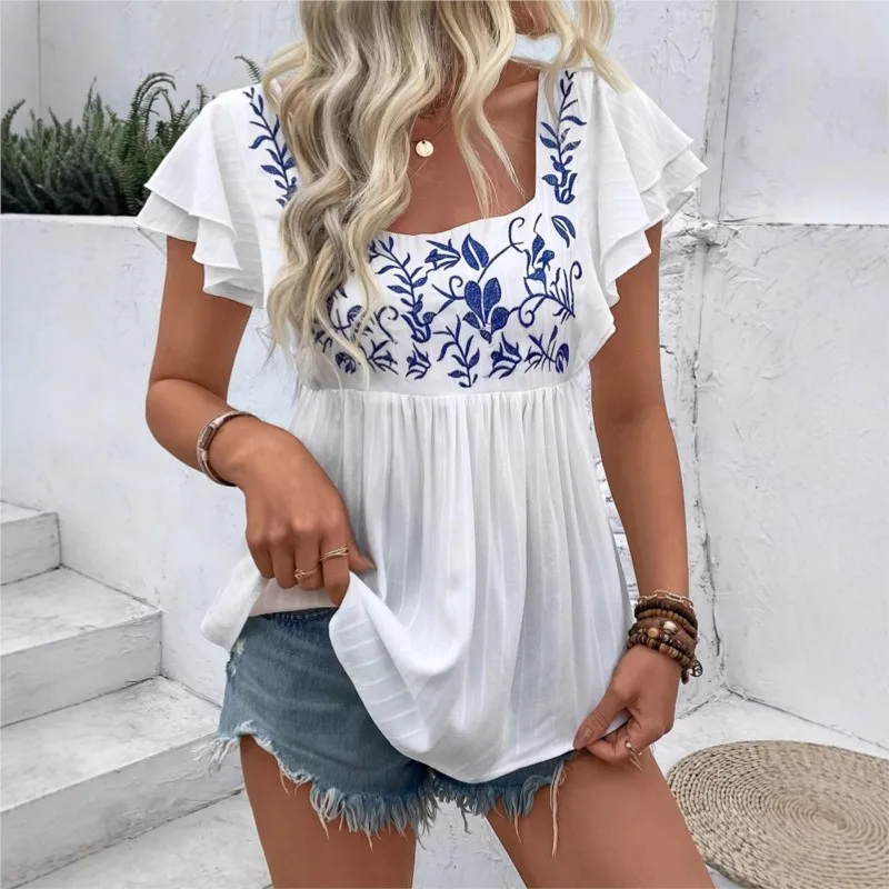 

2026 весна-лето, модные свободные рубашки и блузки с квадратным вырезом и белым принтом, элегантная повседневная блузка с оборками на рукавах для женщин, топы