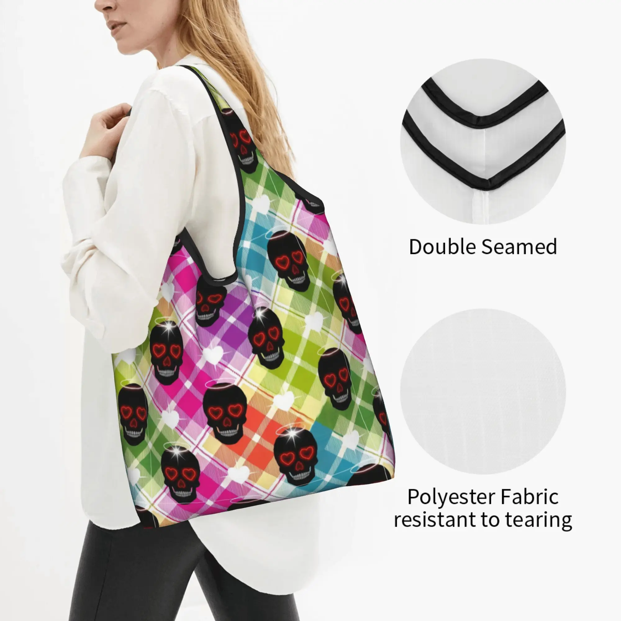 Custom Skull  Shopping Bags Women Portable Large Capacity Grocery Horror Skeleton  Shopper Tote Bags