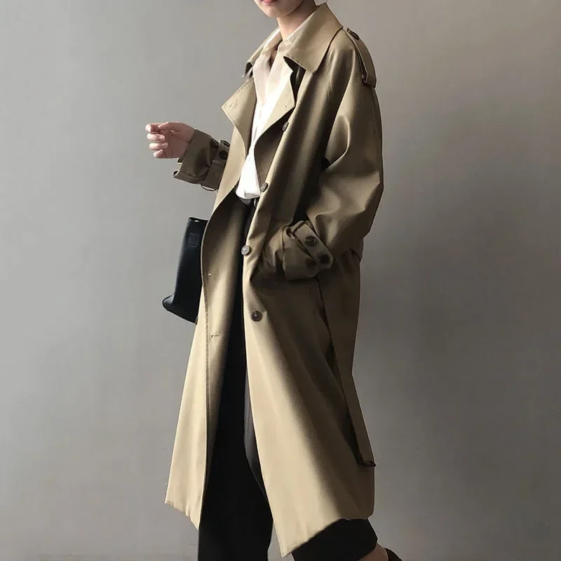 Casual Lace-up Long Trench Coats for Women Spring Autumn 2025 New High-end Solid Simple Double Breasted Windbreaker Outerwear