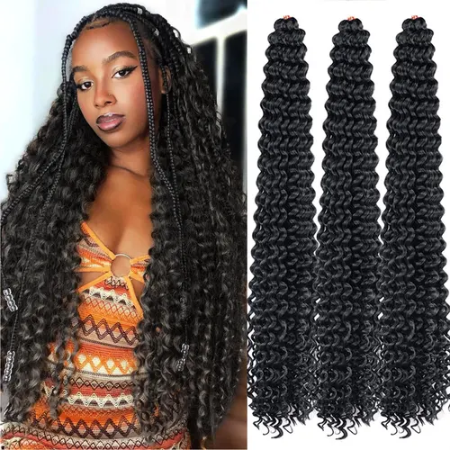 Imagen 2 del producto Pelo de ganchillo ondulado profundo, pelo trenzado bohemio, pelo rizado sintético, trenzas de ganchillo, extensiones de cabello trenzado de fibra de alta temperatura