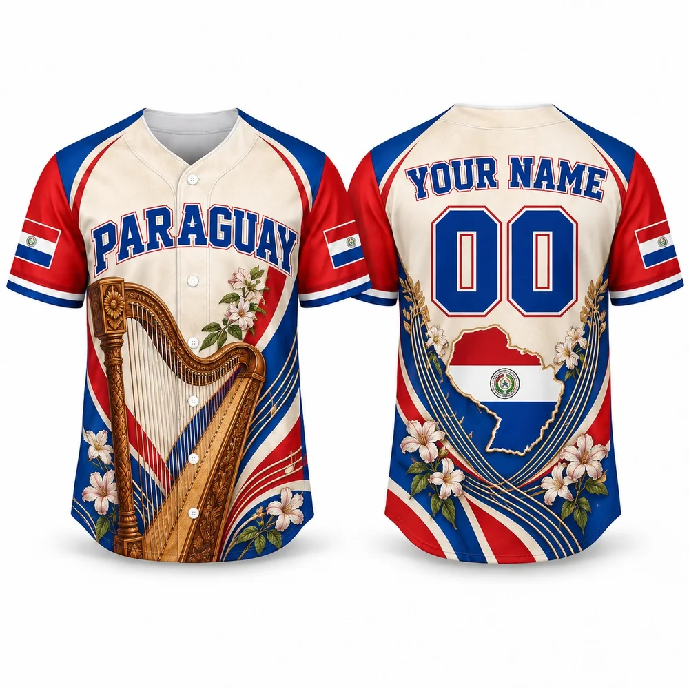 DIY Paraguay Inspired Jerseys Shirt with National Emblem Colors Custom Baseball Jersey Name Number Shirts for Guys and Women