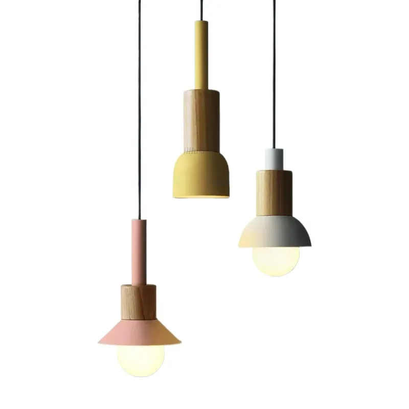 

Iron Wood Pendant Lamp Pink Green Yellow Ceiling Chandelier Hotel Bar Sitting Dining Bedroom Macaron Suspension Hanging Lighting