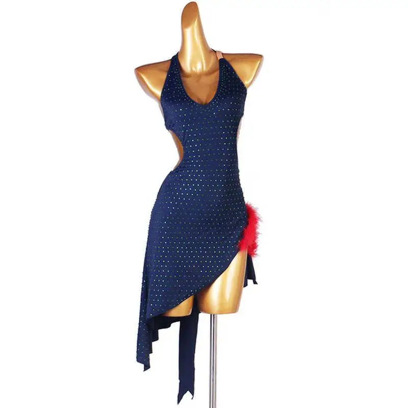 فستان رقص لاتيني أزرق مثير للنساء البالغات، تنورة أداء قاعة الرقص، ملابس الرقص للفتيات مخصصة