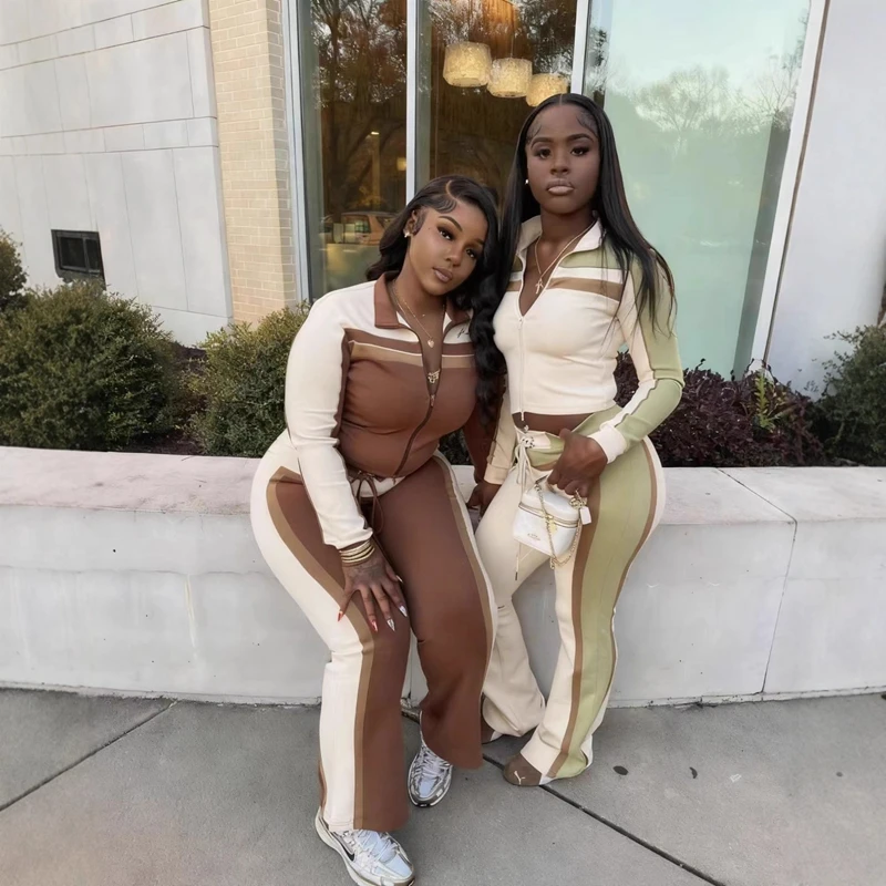 STYLOWY DAMSKI ZESTAW SPORTOWY PATCHWORKOWY 2-CZĘŚCIOWY: DAMSKA KURTKA Z DŁUGIM RĘKAWEM NA ZAMKIE BIEGOWE I SPODNIE Z SZARŻĄ, ZESTAW DLA NAJAZDÓW NA JESIEŃ 2025, CASUALOWE DRESY