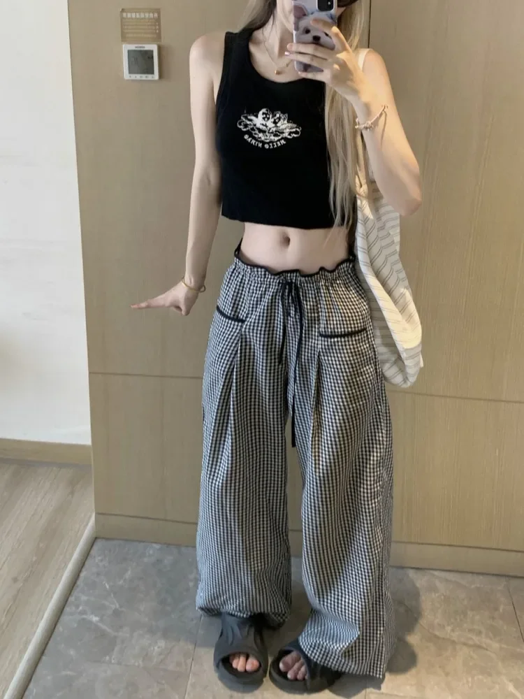 HOUZHOU Sweet Black Women Plaid Pants Coquette Japanese Style Cute Wide Leg Trousers Harajuku Kawaii Palazzo Pants Vintage Y2k