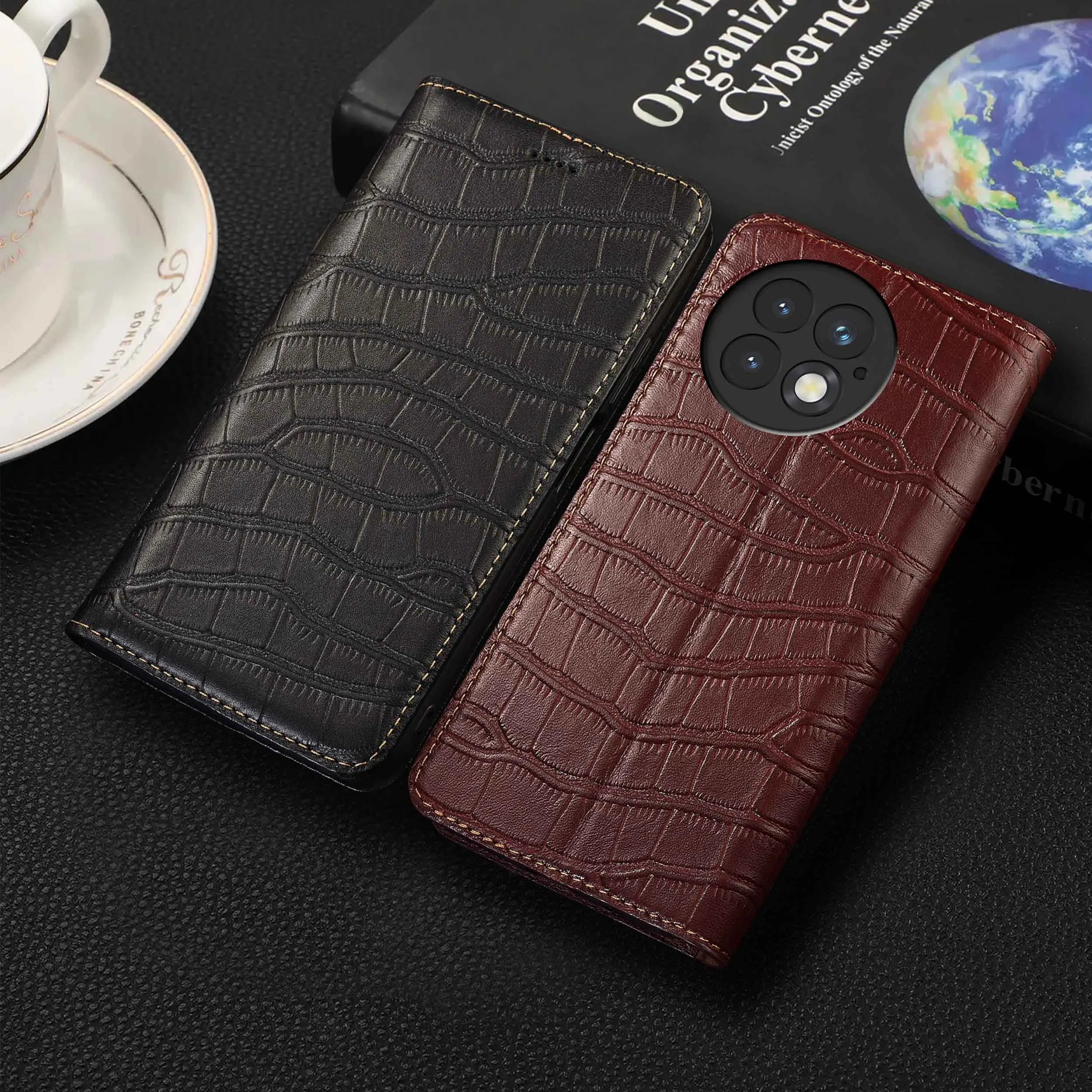 

Для Oneplus 6 6T 7 7T 8 8T 9 9R 9T 10R 10T 11 12 12R 13 13R 13T Pro чехол-раскладушка из натуральной кожи с рисунком крокодила