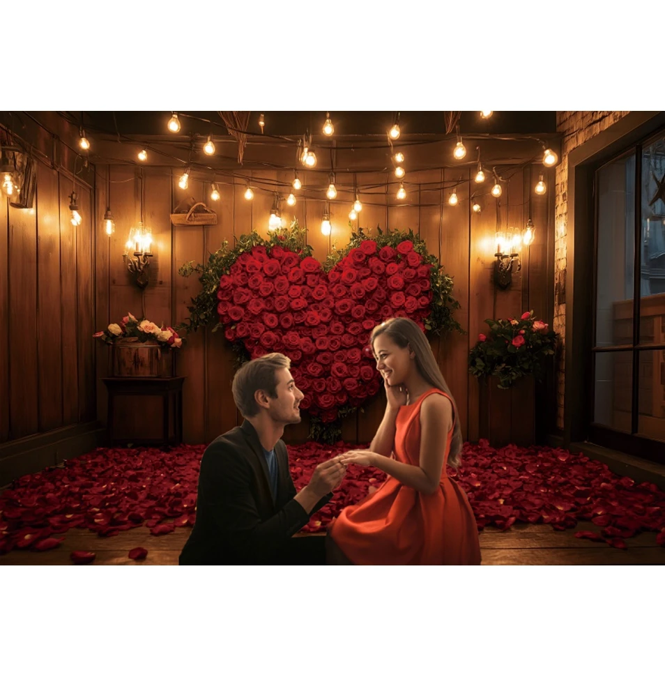 Valentine\'s Day Backdrop Glitter Light Big Red Rose Love Heart Interior Propose Wedding Photography Background Decor Photostudio