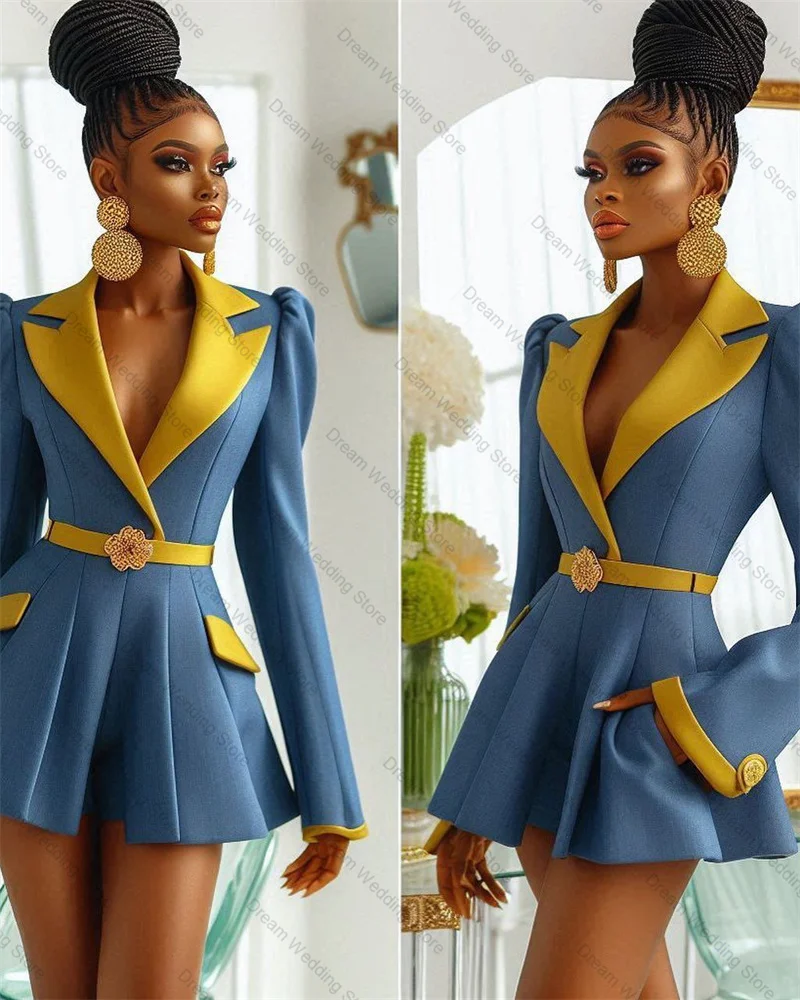 

Yellow Blue Women Suit 1 Pcs Long Blazer Prom Dress Belted Formal Office Lady Jacket Customized Guest Wedding Tuxedos Coat