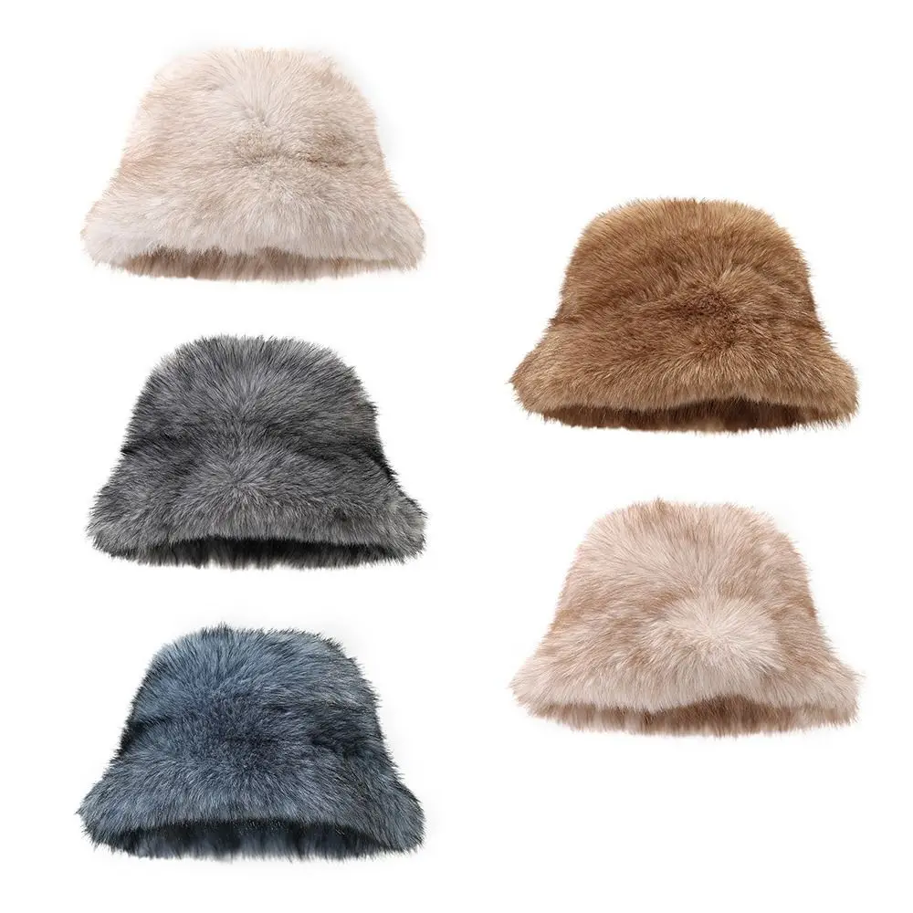 

Warm Fluffy Fur Bucket Hat Cold Snowy Day Panama Cap Thicken Ear Protection Fisherman Hat for Outdoor Skiing Cycling Activities