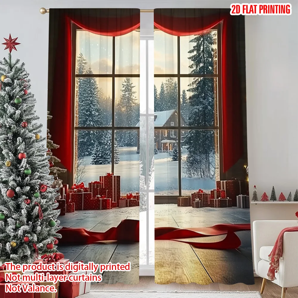 

2pcs 2D flat printing Merry Christmas Popular Drapes Window View and Snow Forest Versatile Durable Polyester Without Electricity
