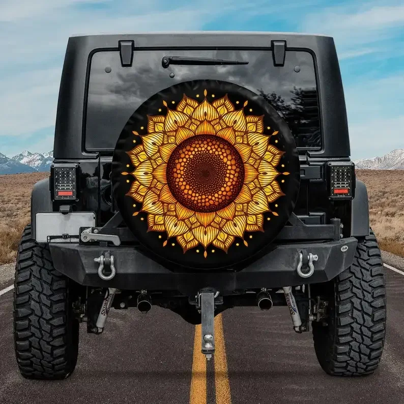 Spare Tire Cover Camper With Or Without Backup Camera Hole, Sunflower Mandala Spare Tire Cover For Bronco, Trailer, RV, Spare Ti