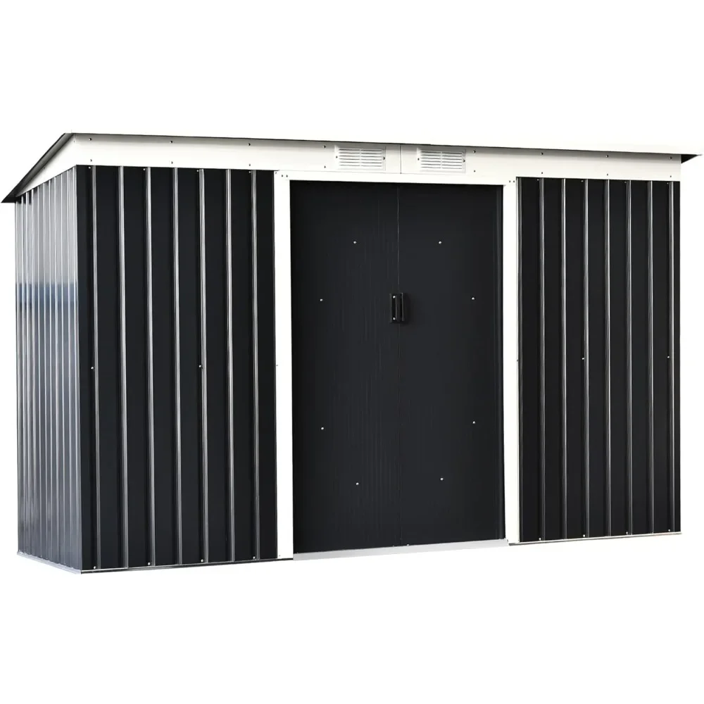 

9 'x 4' outdoor storage shed, galvanized metal utility garden tool room, 2 ventilation openings, and lockable doors