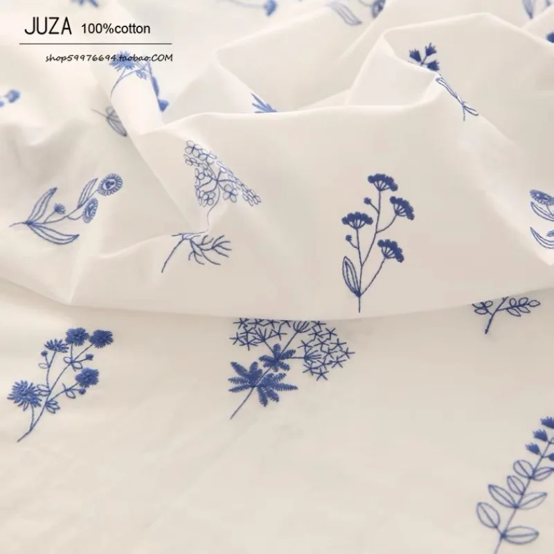 150x50cm Blue Small Leaf Embroidered Fabric, White Poplin Embroidered Fabric 2022 Clothing Fabric Tablecloth Cloth