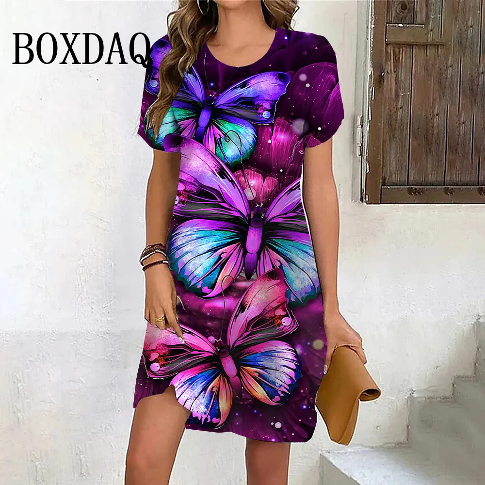 Damska sukienka z krótkim rękawem z nadrukiem motyla 3D Casual Sweet Fashion Round Neck Loose Summer Clothes Loose Sundress Ladies Vestido