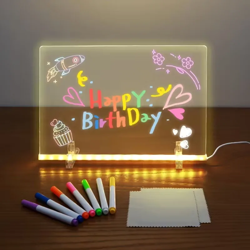 USB Acrylic LED Light with Color Pen Stand Clear Desktop Note Memo White Board Daily Reminder Planner Board with Decor Lamp