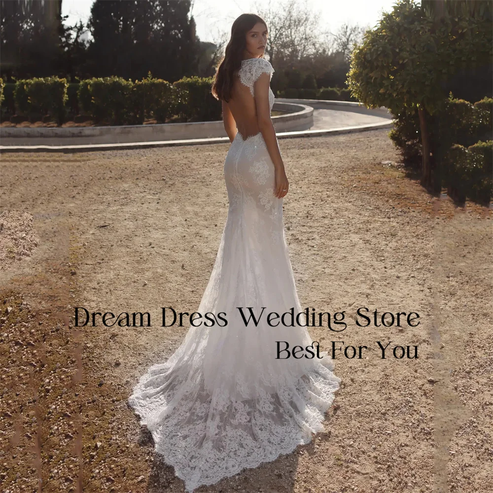 DREAM Luxury Lace Mermaid Wedding Dresses Women Cap Sleeve V-Neck Sweep Train Open Back Bridal Gown Vestido De Noiva Customized