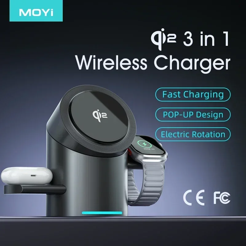

[Qi2 Certified] 3-in-1 Magnetic Wireless Charging Stand with Auto-Swivel, 15W Fast Charger for IPhone 12-16 Series & Airpods Pro