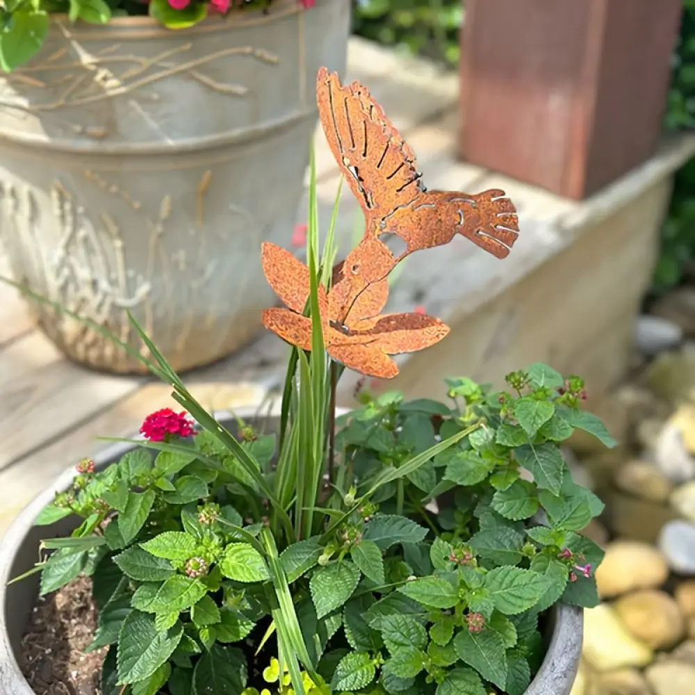 Creative Metal Garden Stake Butterfly Hummingbird Ornament Outdoor Yard Decor Artistic Lawn Plant Accessory Iron Statue