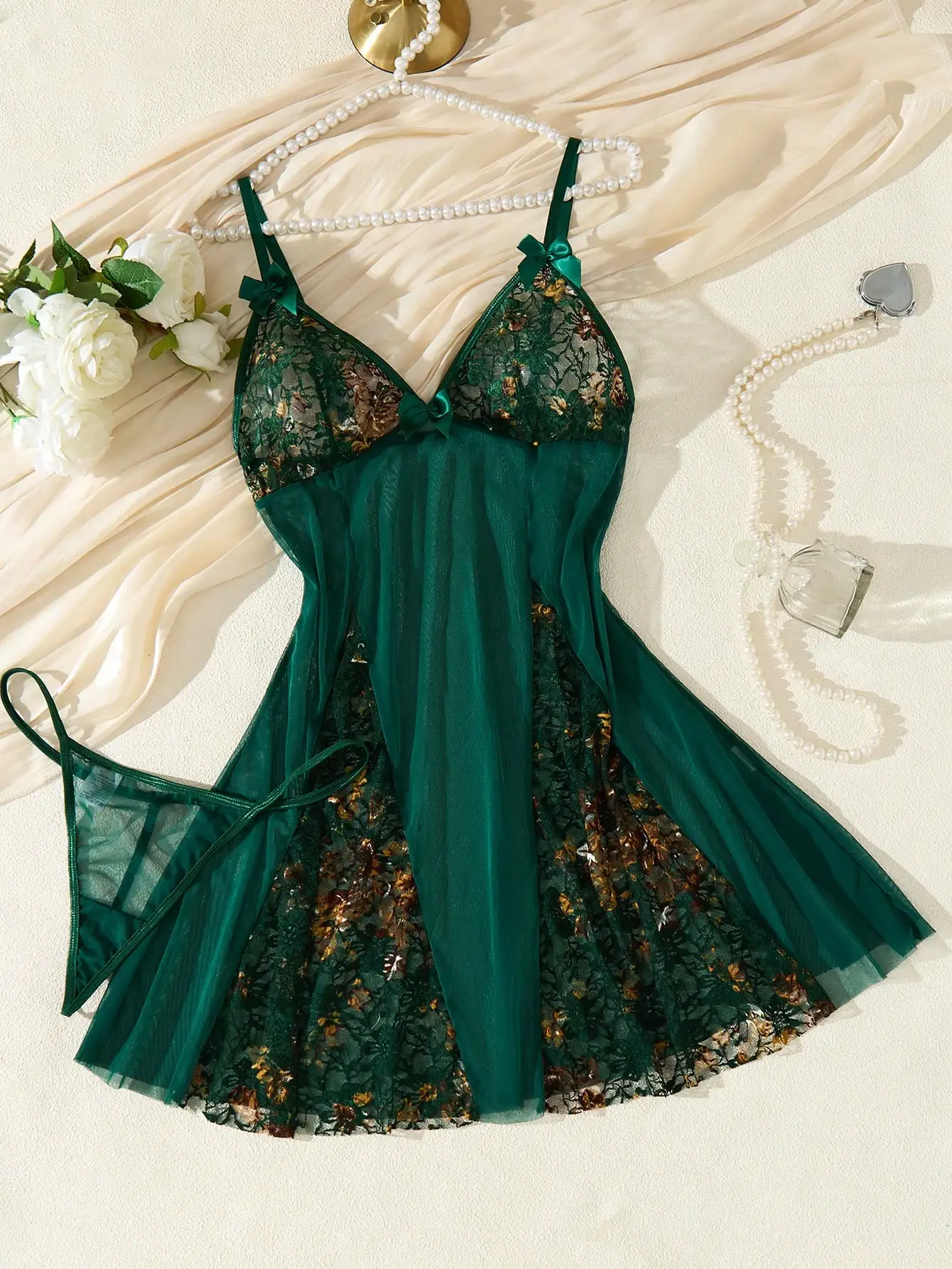 

Emerald Green Lace Floral Pajama Set with Bow Straps and Sheer Overlay