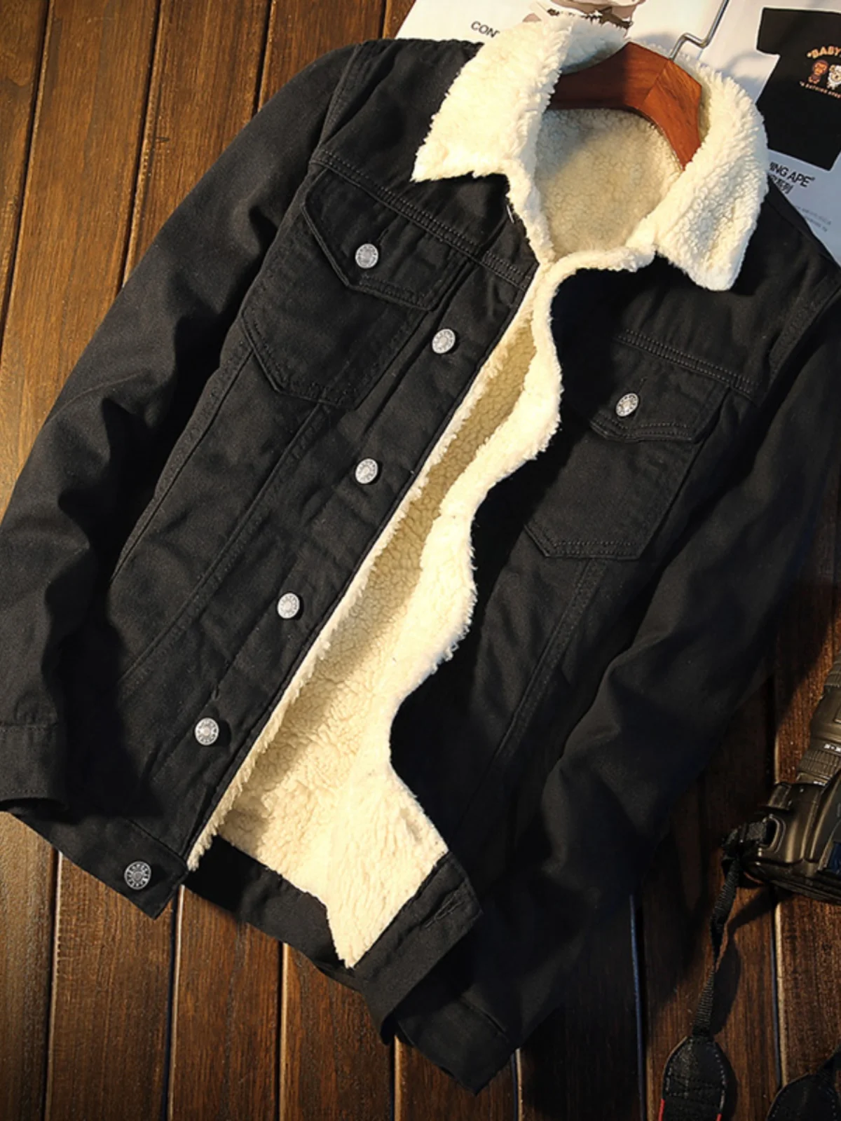 الرجعية Thiened Fce اصطف الدنيم Jaet للرجال معطف الشتاء الدافئ مع الفراء طوق الشباب Faion ملابس خارجية القطن Jaet #2