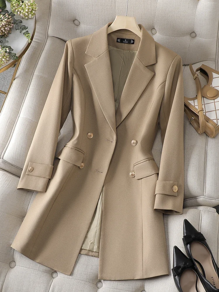 Autumn Winter Long Formal Blazer Jacket Women Khaki Brown Black Office Ladies Female Business Work Wear Coat REF-2023