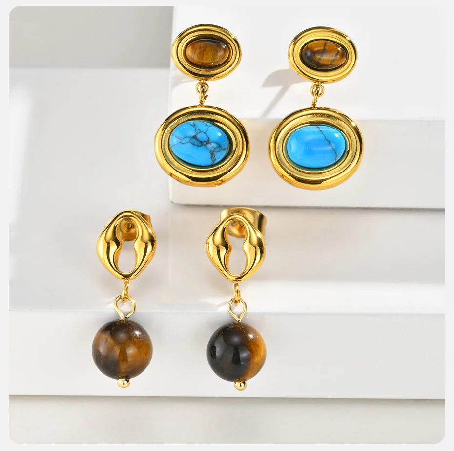 Vnox Trendige Naturstein-Ohrhänger für Damen, vergoldeter Edelstahl, ovale Ohrringe mit natürlichem Türkis, Boho-Schmuck – Detail 5