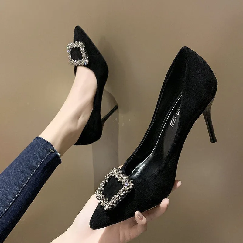 

Elegant Black High Heels Fashionable Single Shoes for Women Small Size Office Wear All Seasons French Style Velvet Surface