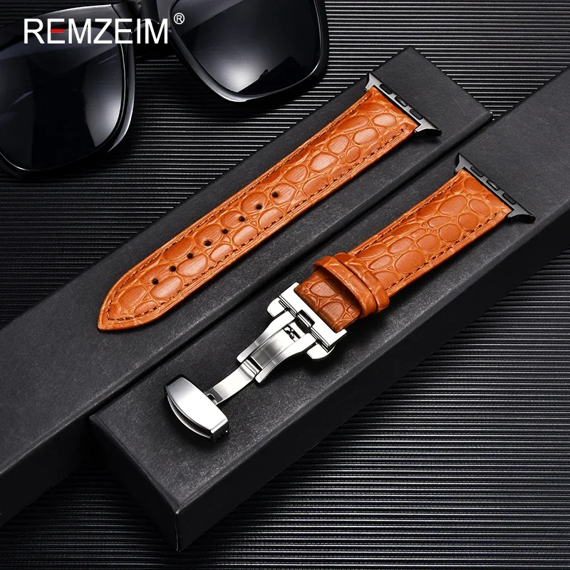 Crocodile Pattern Leather Strap for Apple Watch Ultra 8 7 6 SE 5 4 3 Butterfly Buckle Men Watchband 49/45/44/42mm 41/40/38mm