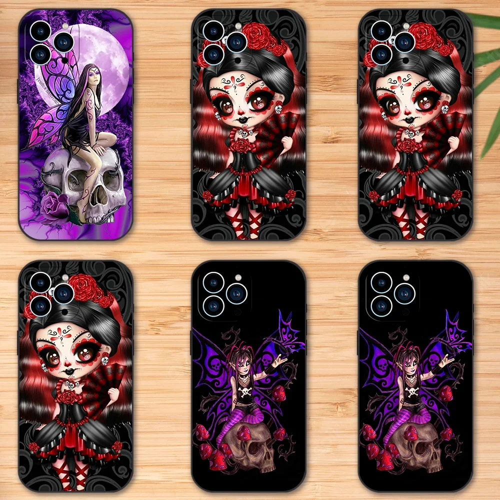 Gothic Skull Fairy Phone Case for iPhone 12 11 13 14 15 16 Max Pro Plus Black Soft Silicone Cover