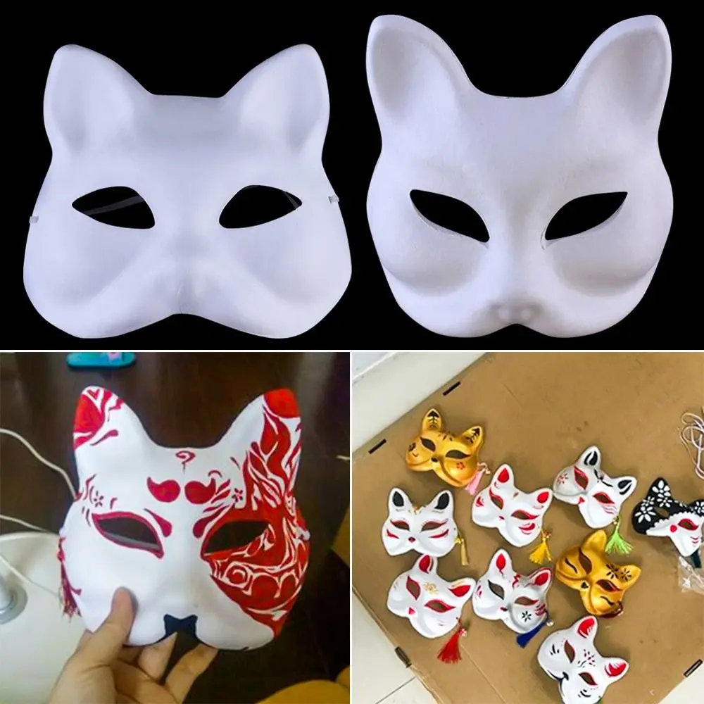 DIY Fox Mask Fun Hand Painted Pulp Paper Cat Face Cosplay White Face Mask Halloween