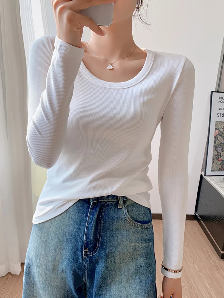 T Shirt Women Screw Thread Cotton Tee Shirt Short Sleeve Korean Fashion Clothes Elastic T Shirts Camisetas De Mujer 2022 Spring