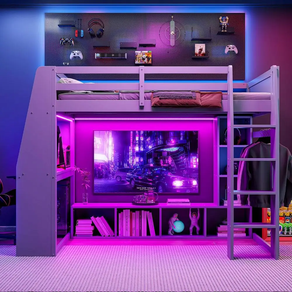 

Full-Size Gaming Loft Bed with Desk, Storage, RGB Lighting, Open Wardrobe, Safety Rails, Ladder, and Play Space