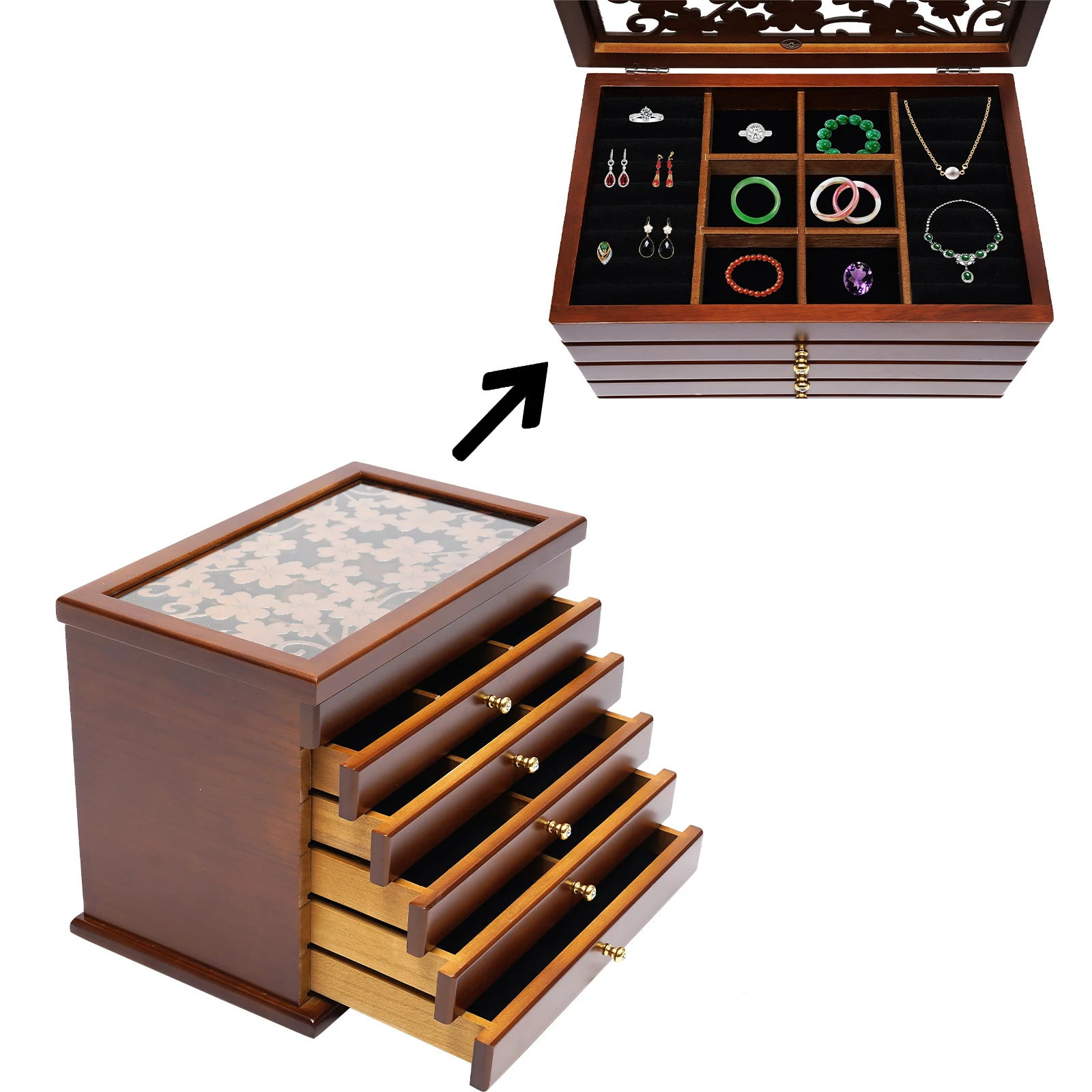 

6 Layers Wooden Jewelry Box Storage Cabinet Watch Bracelets Rings Organizer Case